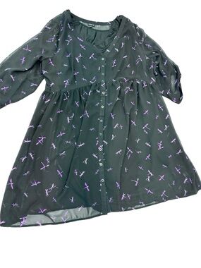 Torrid Dragonfly Print Sheer Shirt Dress 3X Black Purple Button Front w Slip